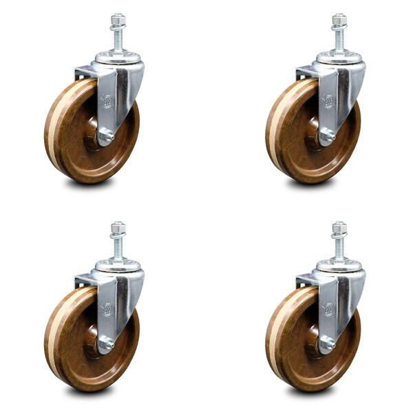 5 Inch High Temp Phenolic Wheel Swivel 12mm Threaded Stem Caster Set SCC